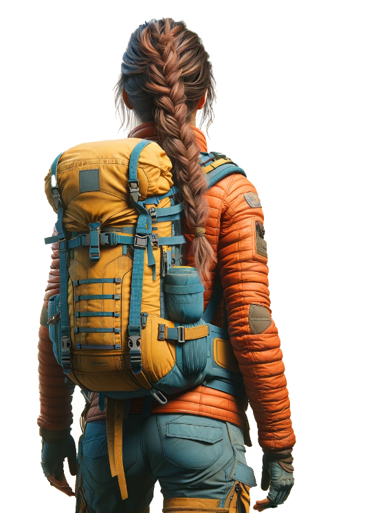 Female hiker wearing backpack and an orange coat.