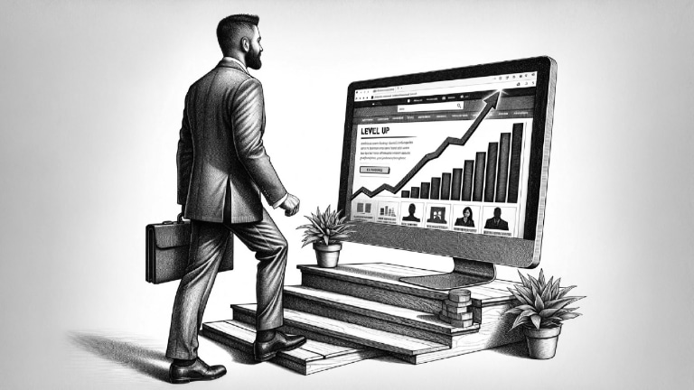 pen and ink sketch of a business owner leveling up while focusing on their website