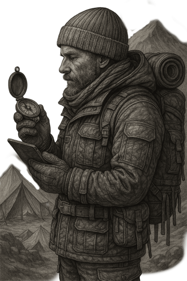 Explorer, bundled in clothing for extreme weather holding a compass.