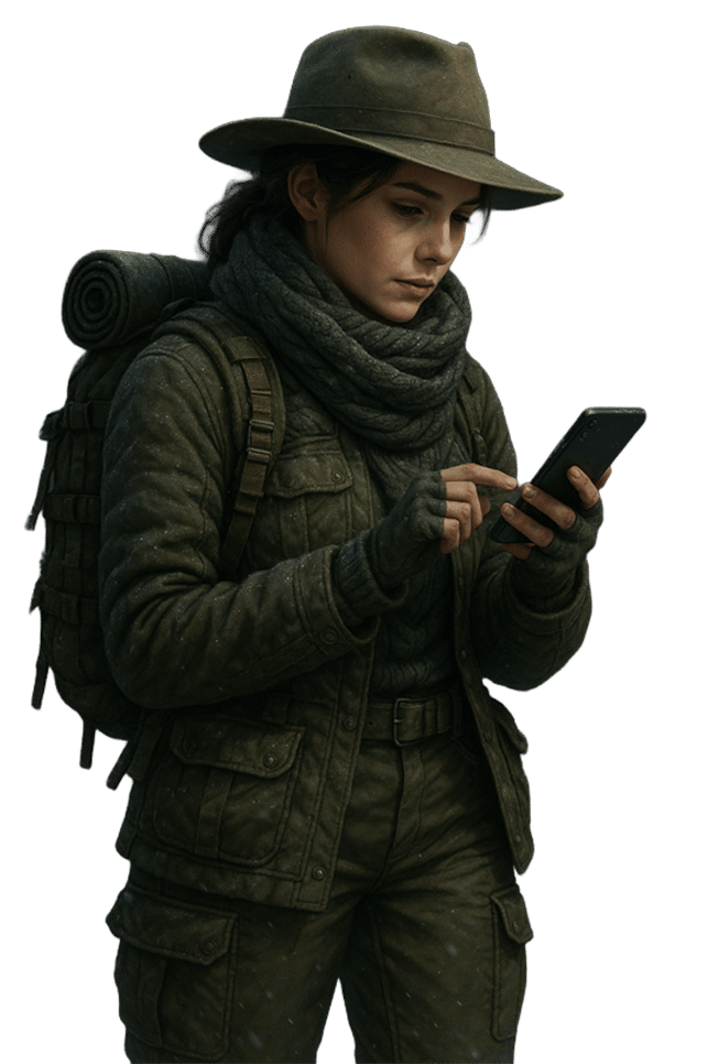 Female in adventurer clothes holding a tablet taking the archetype quiz