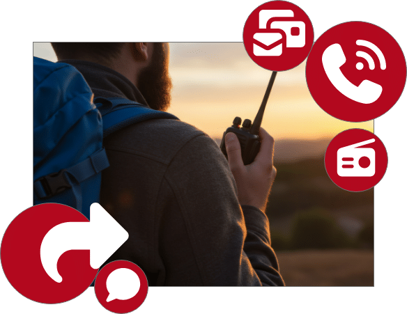 Hiker with backpack on walkie talkie