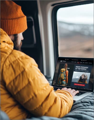 Man with orange jacket sitting in vehicle working on computer