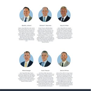 Corporate team profile with headshots and brief descriptions of seven male executives, including the founders.