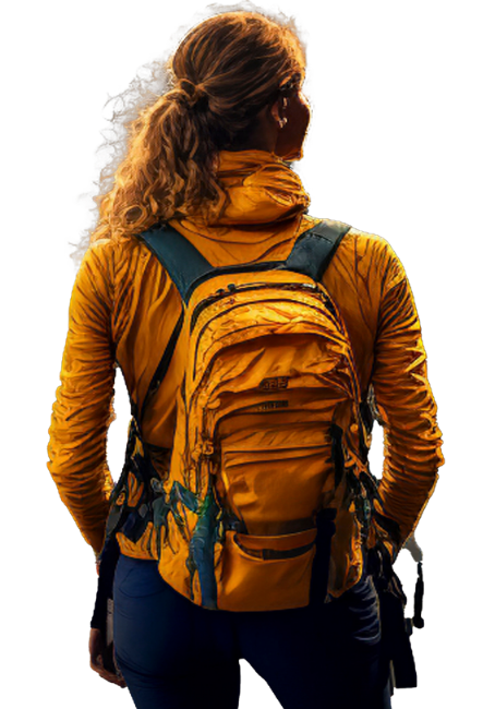 Woman wearing a backpack and hiking through a jungle.