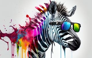 Painted colorful zebra wearing sun glasses.
