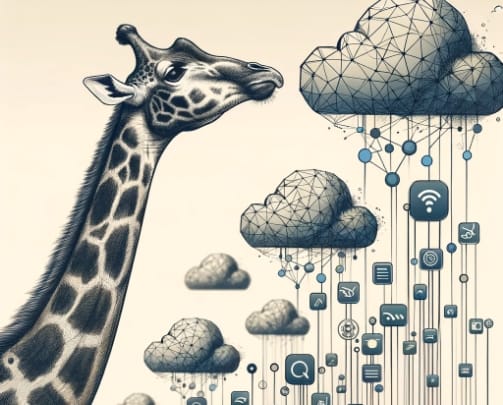 Hand drawn giraffe extending up to clouds raining digital icons.