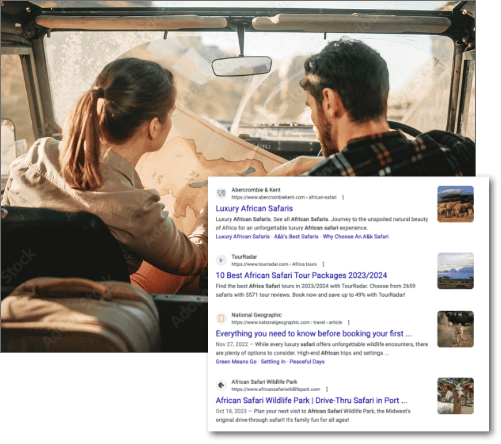 Partners in a jeep looking at a map with an overlay of a search engine serp page.
