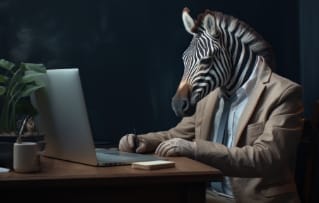 Zebra in a suit programming a website on a laptop.
