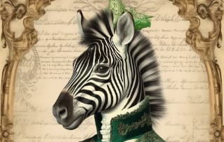Victorian zebra with beautiful words and scrollwork.