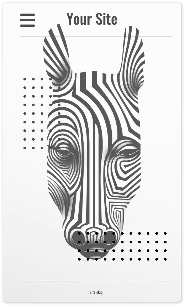 Artistic website layout with zebra backtround and dot texture.