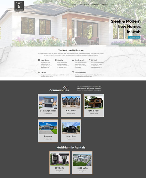 screen shot of the Home page on the Next Level Homes Project