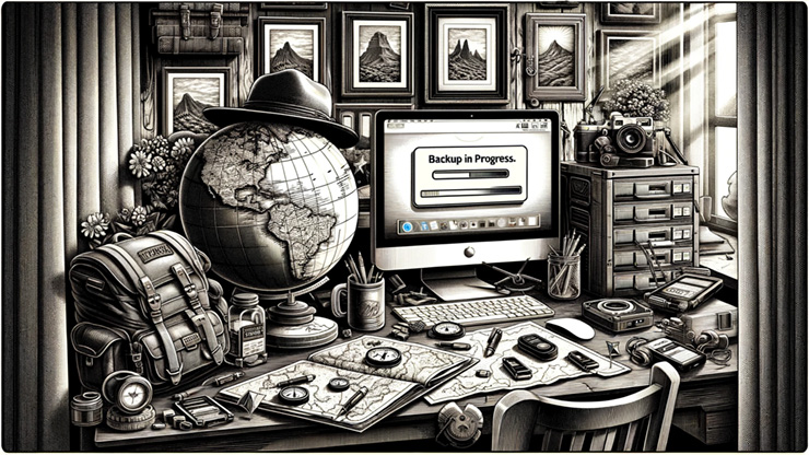 Pen and ink image of a globe and a computer monitor in a lithograph style representing data backup.