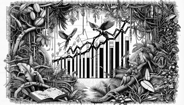 Black and white pen and ink drawing of a marketing trends graph in the jungle