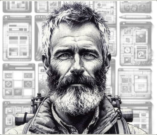 Middle aged portrait of a hiker drawn in pen and ink style. Background of website cards representing the growing list of JamboJon Clients