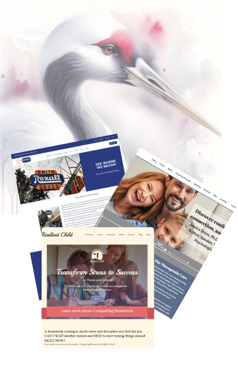 Watercolor crane painting behind thumbnails of learning management website designs.