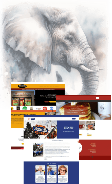 Watercolor elephant painting behind thumbnails of ecommerce website designs.