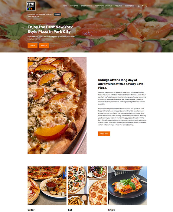 Home page screen shot of the Este Pizza Website