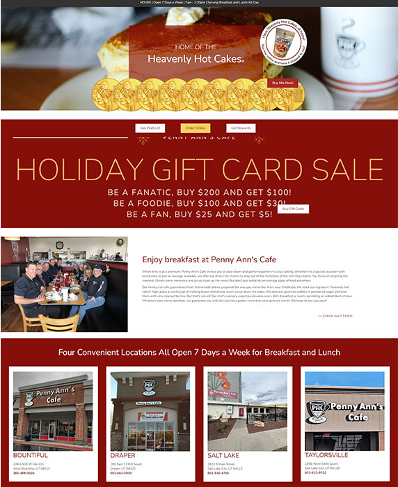 Home page screenshot of Penny Ann's Cafe Website