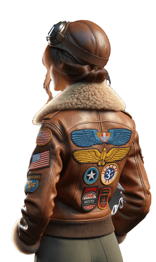 Woman aviator in bomber jacket looking at her plane yard.