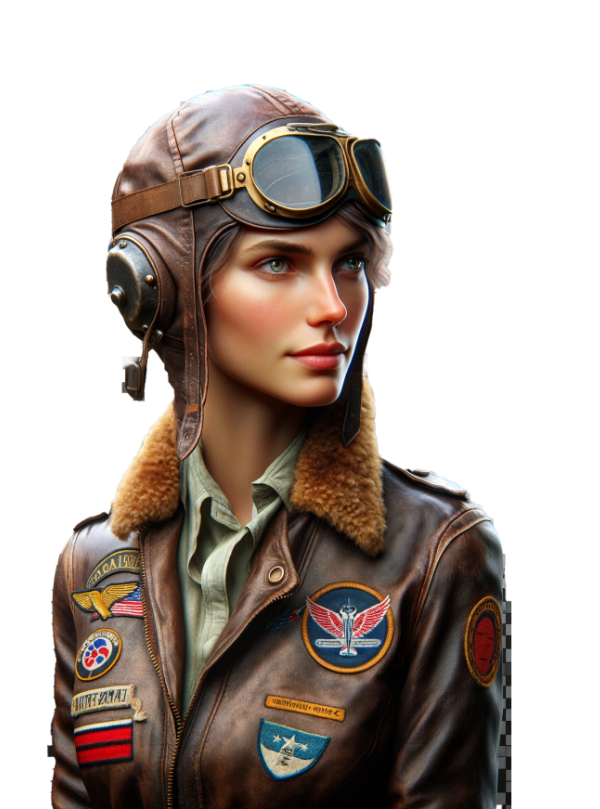 Profile image of a female aviator in flight goggles and jacket.