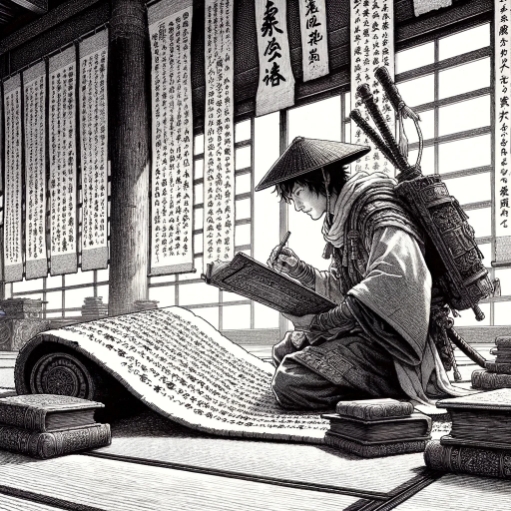 Pen and ink drawing of a Japanese traveler studying ancient scrolls in a shrine.