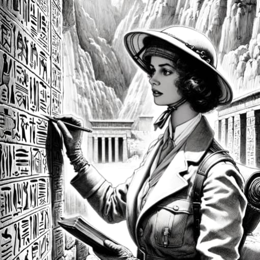 Female Egyptian explorer studying heiroglyphs.