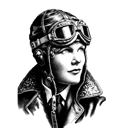 Pen and ink profile of a female aviator in a flight cap and goggles.