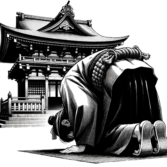 Pen and ink drawing of a Japanese explorer in samurai era wardrobe bowing to a Shrine.