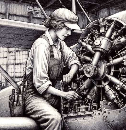 Pen and ink image of a female aviation mechanic working on a prop plane engine.
