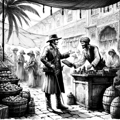Pen and ink drawing of a 19th century traveler exploring an open air market place in india.