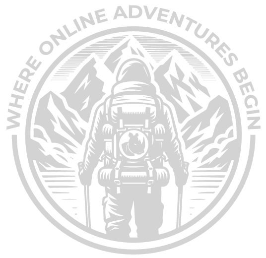 Where online adventures begin graphic with hiker facing mountain peaks.