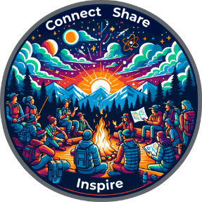 Connect, share and inspire medallion featuring drawings of a group of campers around a fire, under a star filled sky.