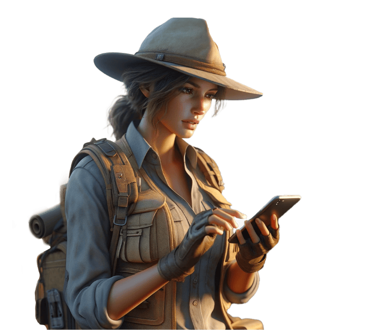 Female adventurer wearing safari gear looking at her smart phone.