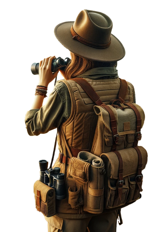 Female adventurer dressed in safari gear looking through binoculars. Website Development