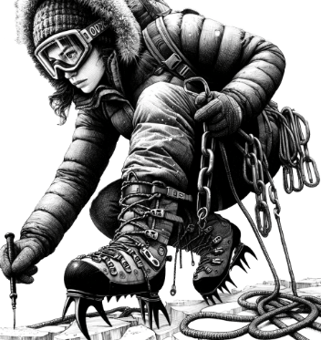 Pen and Ink drawing of a female ice climber wearing crampons and holding a safety chain.