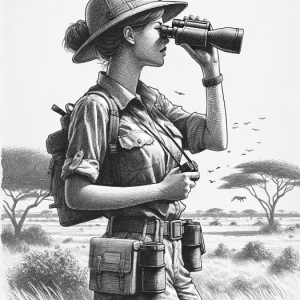 Pen and ink lithograph drawing of an female explorer dressed in safari clothing looking through binoculars