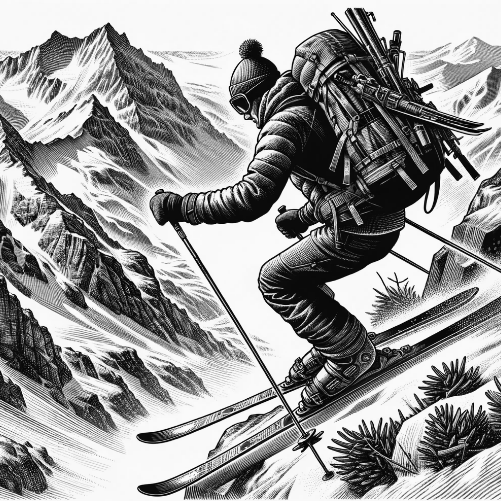 Vintage lithograph, pen and ink drawing of an extreme downhill skier.
