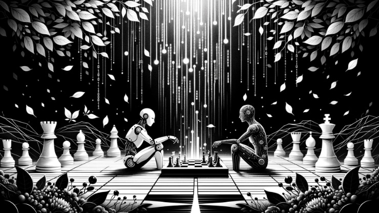 Black and White Pen and ink of an AI robot and human on a life size chess board being friends with tech overlays