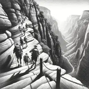Ink drawing of hikers at Angel's Landing