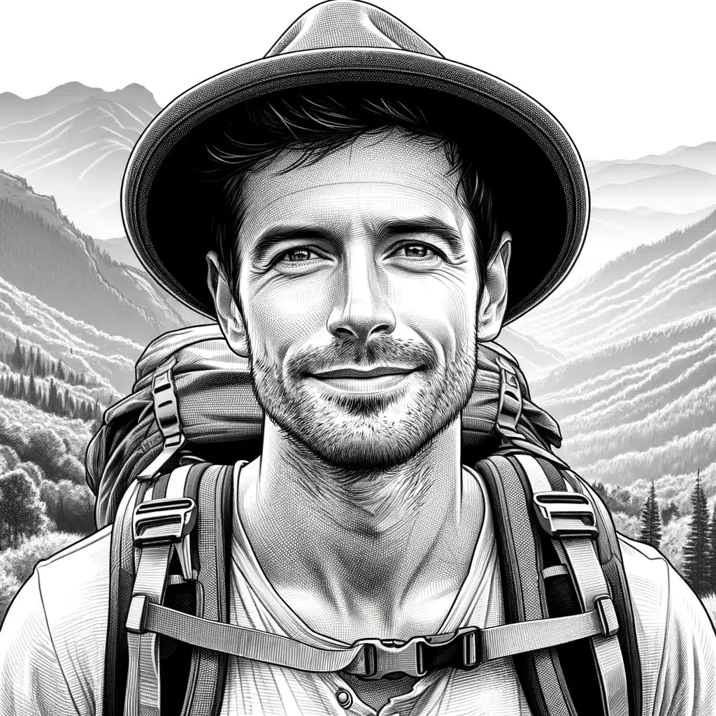 black and white sketch of a scruffy man hiking with a hat and backpack and mountains in the background