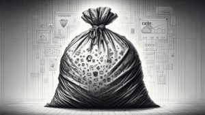 Black and White pen and Ink drawing of a trash bag and tech overlays