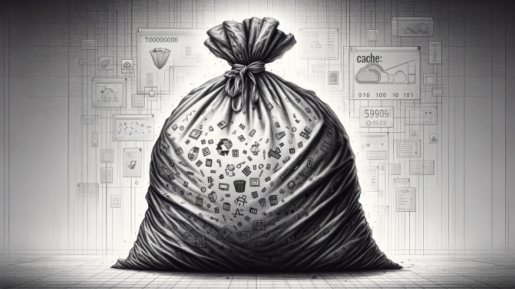 Black and White pen and Ink drawing of a trash bag and tech overlays