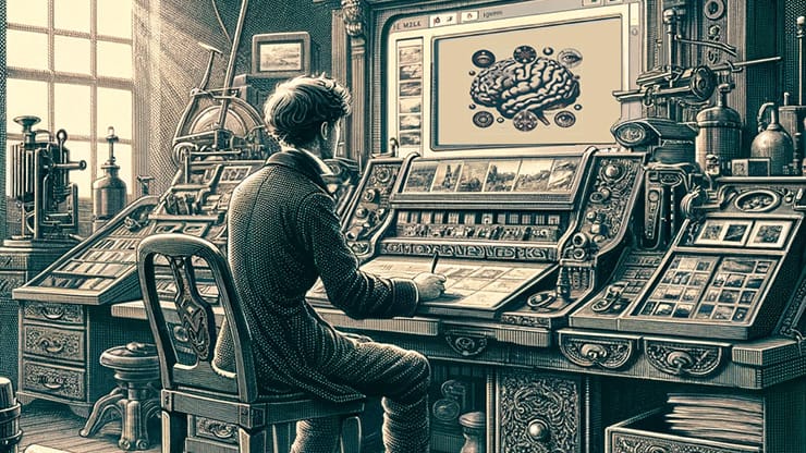 Steampunk man working on a vintage looking computer. Preparing an image for a photoshop export