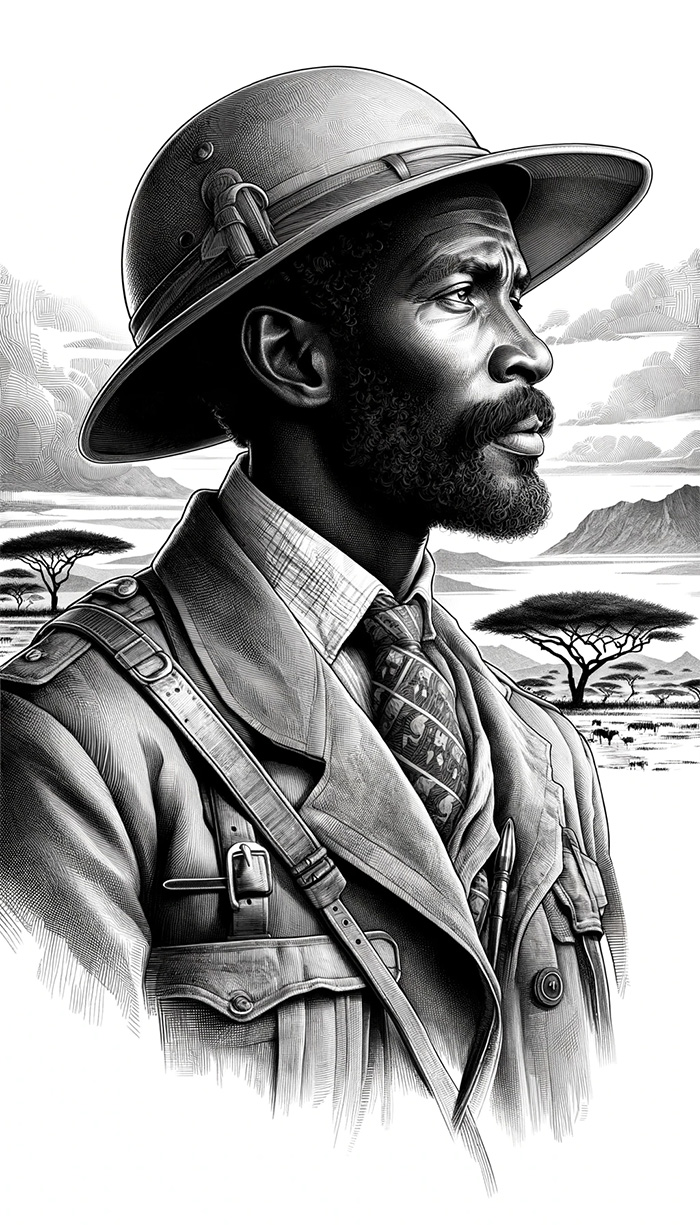 Black and White pen and Ink drawing of man on African Safari