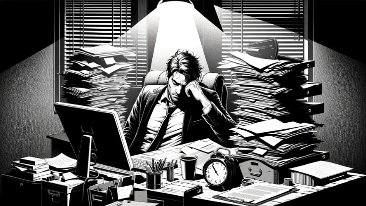 Black and White sketch image of an exhausted man at his desk buried in a heavy workload