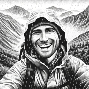 black and white drawing of a hiker in the rain