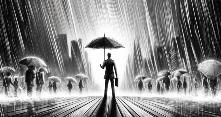 black and white sketch of a business man and umbrella standing in pouring rain with other business people on the sides with their umbrellas
