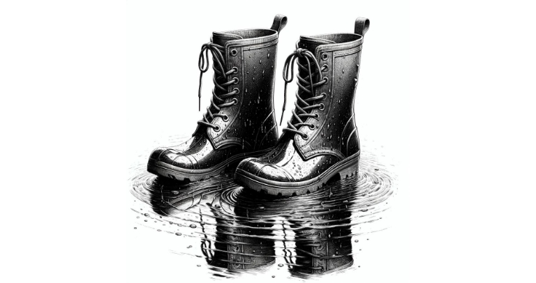 black and white drawing of rain boots in a puddle