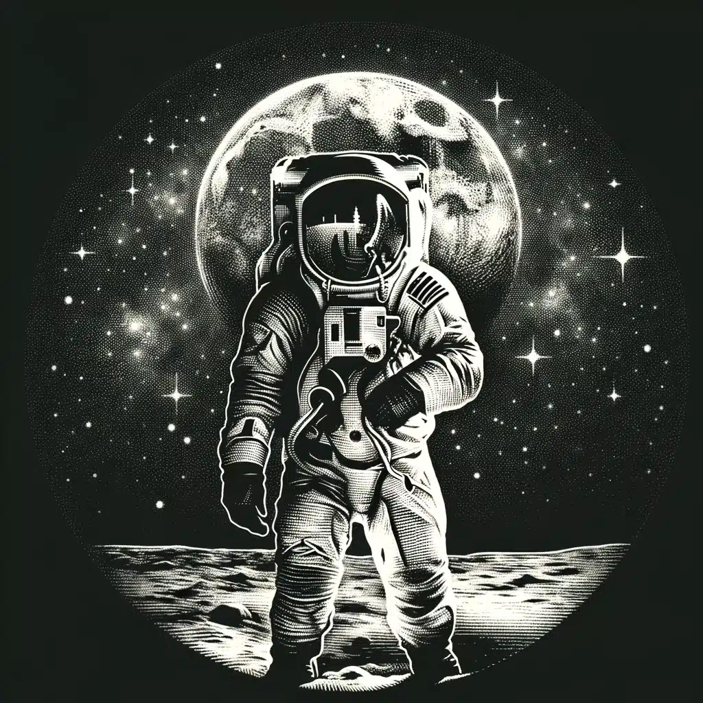black and white etched style of astronaut in space
