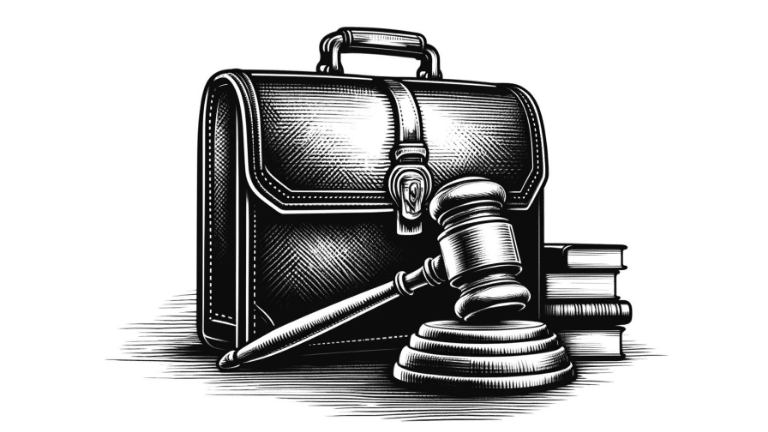 black and white sketch of a briefcase and a gavel